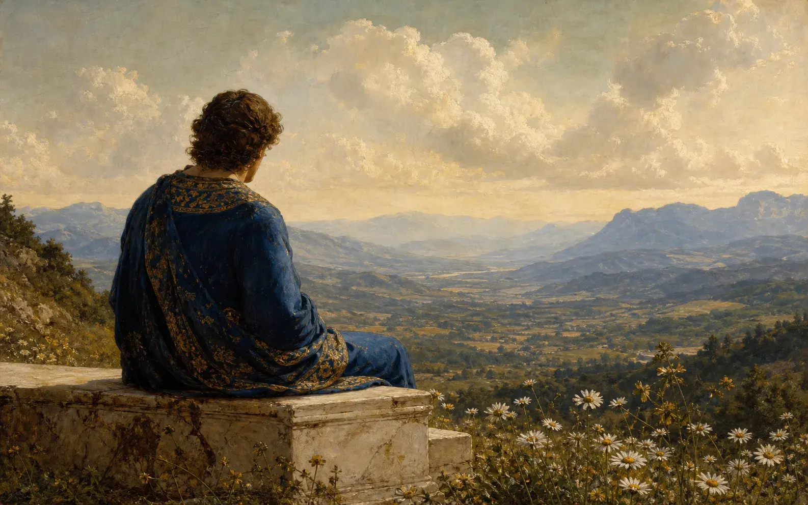 Renaissance oil painting: a robed figure on a marble ledge above a luminous valley