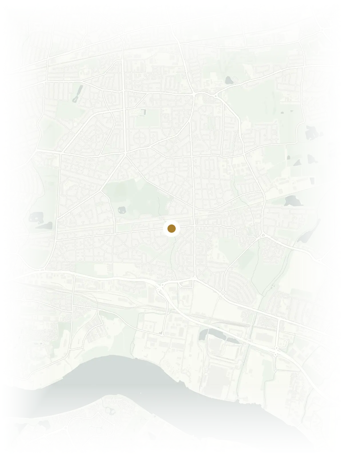 A pale street map of Dagenham, East London, the Thames curving below, one gold marker at its centre